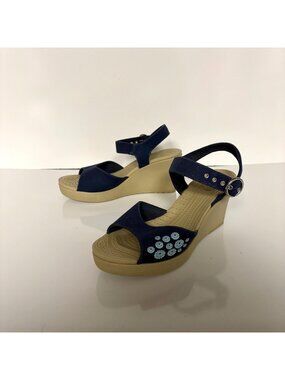 Crocs Womens Sandals Size W9 Navy Blue Canvas Wedge Adjustable Ankle Strap